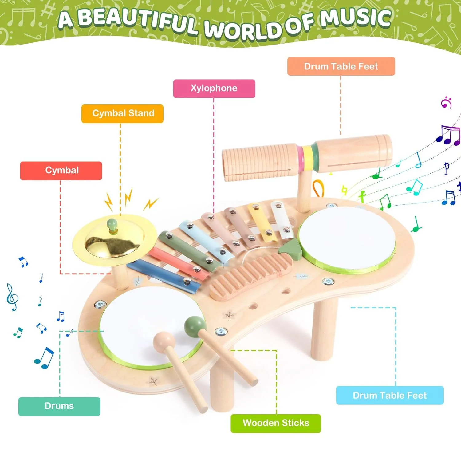 SakerplusĀ® 7 In 1 Wooden Kids Drum Set - Image 5
