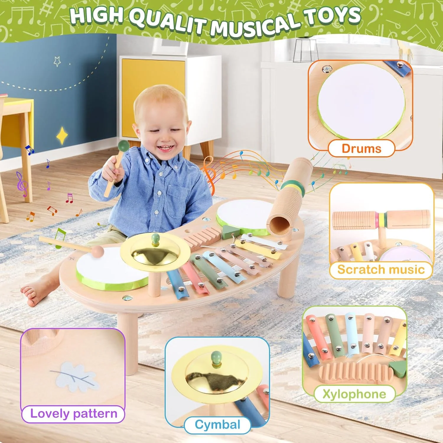 SakerplusĀ® 7 In 1 Wooden Kids Drum Set - Image 8