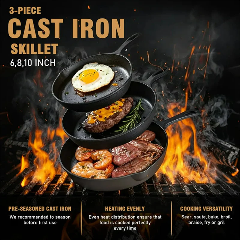 Sakerplus® Pre-Seasoned Cast Iron Skillet Set - Image 4