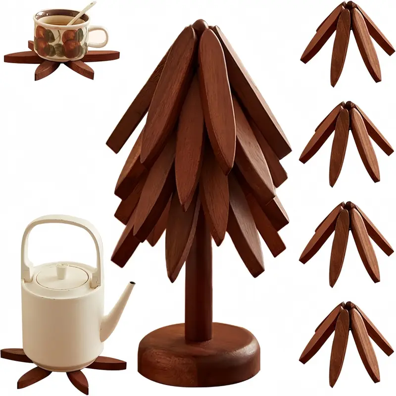 SakerplusĀ® Wooden Tree Trivets For Hot Dishes 4pcs