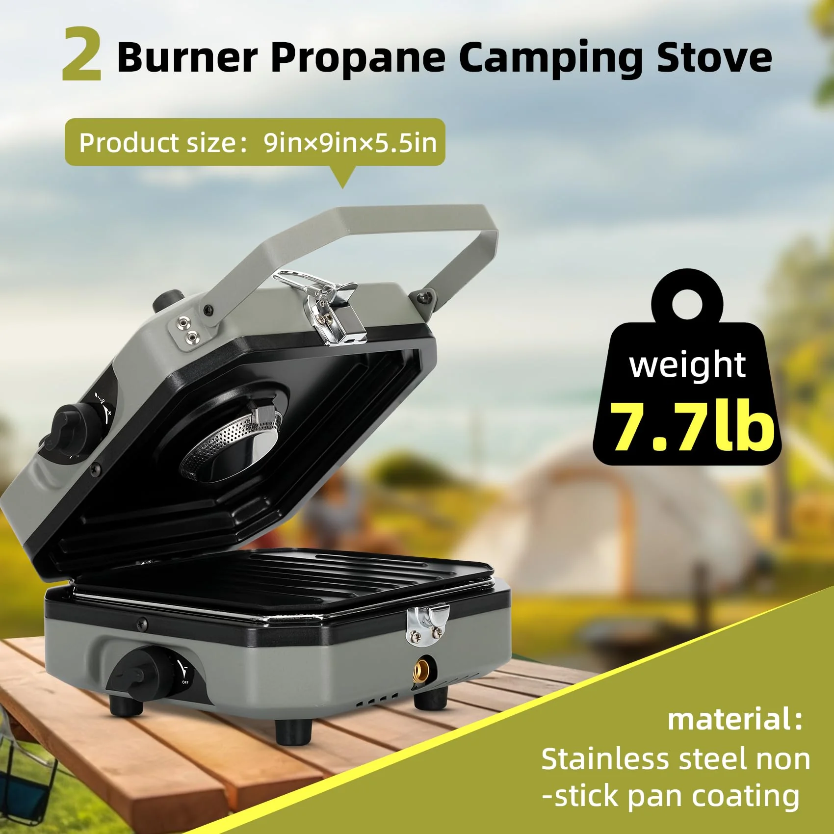 Sakerplus 2 Burner Propane Camping Stove with Grill - Image 2