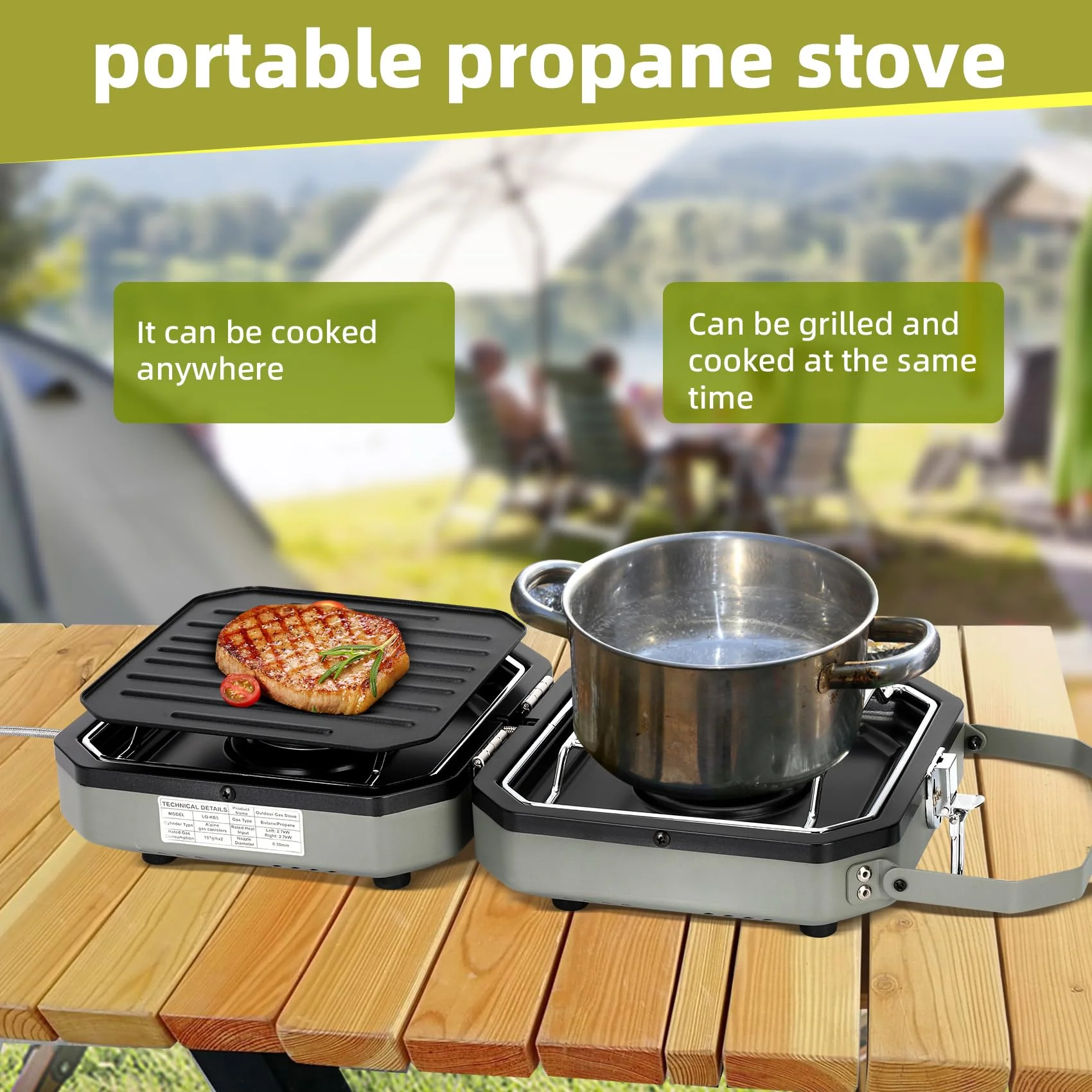 Sakerplus 2 Burner Propane Camping Stove with Grill - Image 7