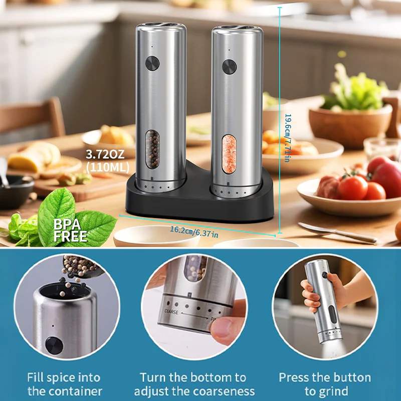 Sakerplus Electric Salt and Pepper Grinder Set with Charging Base - Image 9